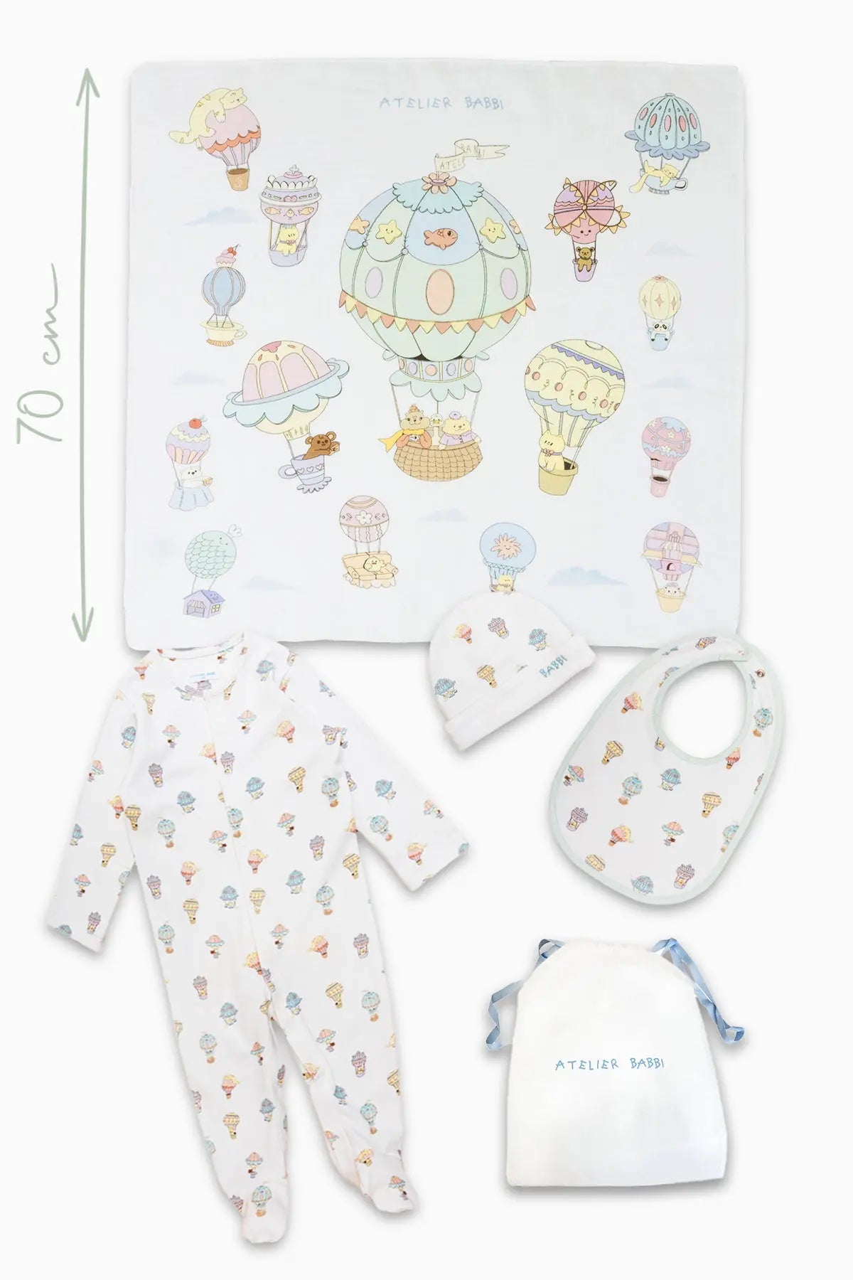 Hot Air Balloon newborn gift set with organic cotton jumpsuit, hat, bib, and muslin swaddle