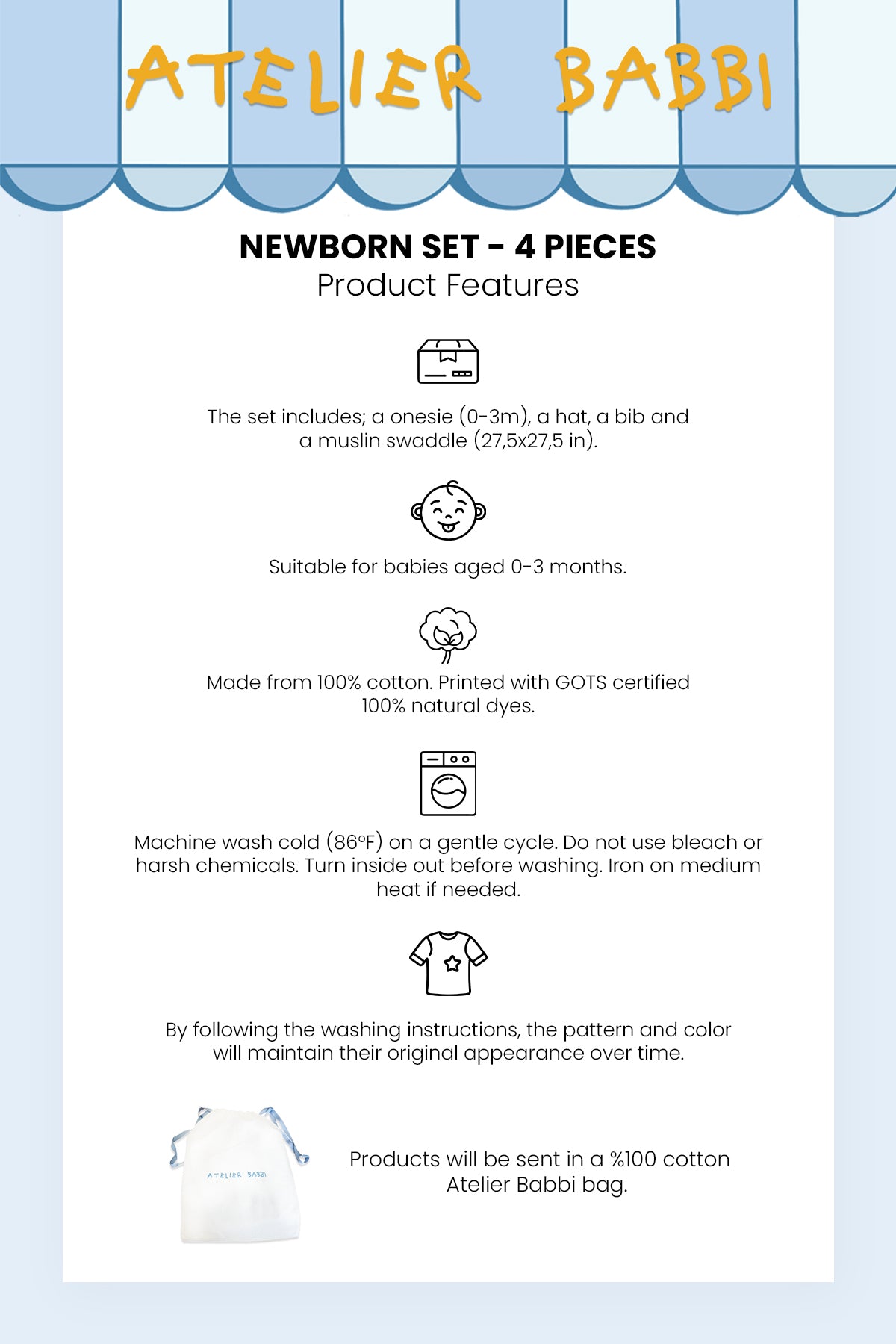 Newborn gift set product features card highlighting 100% organic cotton, breathable fabric, and four-piece baby essentials