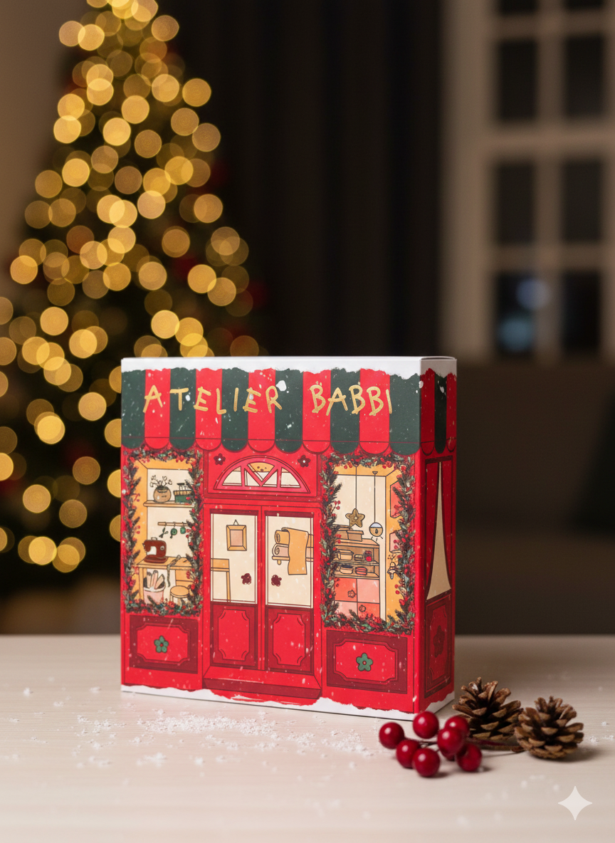 Decorative Advent calendar with 'Atelier Babi' branding in front of a blurred Christmas tree.