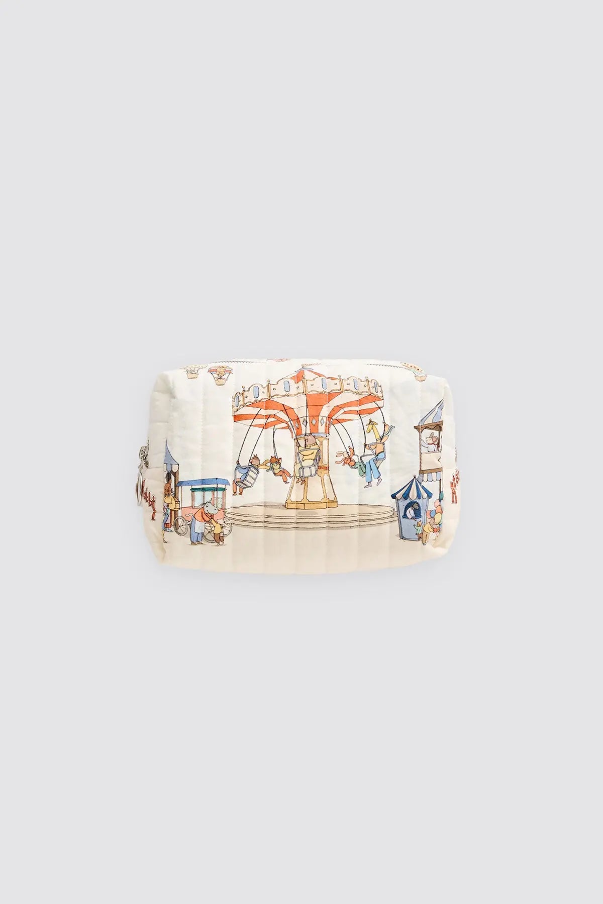 Funfair collection cotton baby diaper pouch with carnival print and zipper, front view.