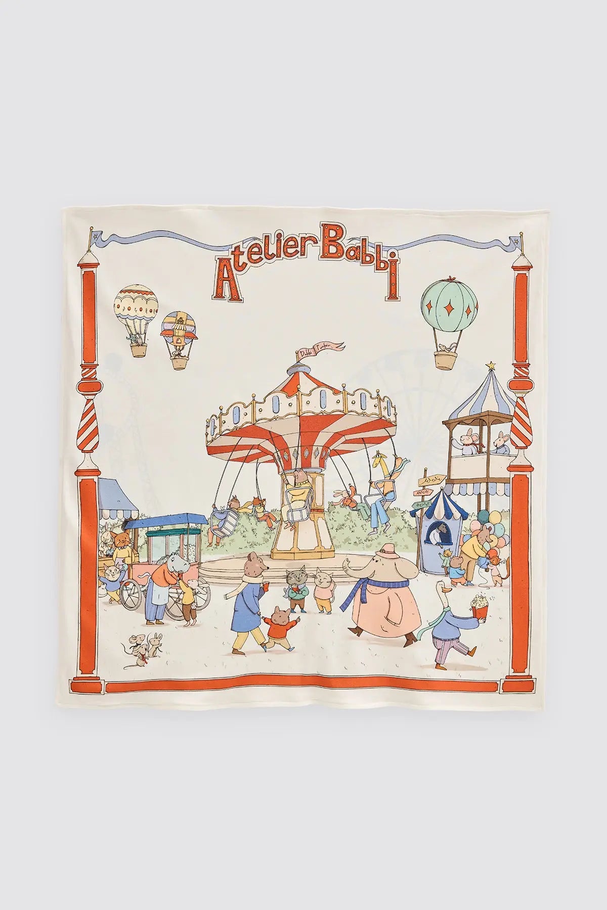 Illustrated cover of a book titled 'Atelier Babbi' with a carousel and hot air balloons on a white background.