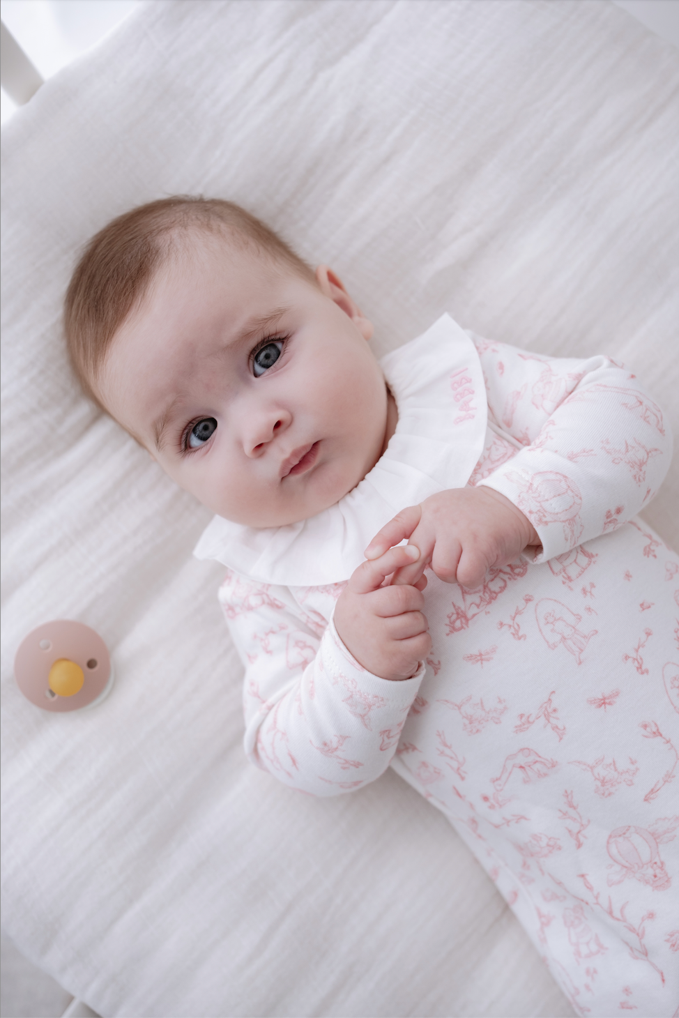 Pink Toile De Jouy baby footed onesie