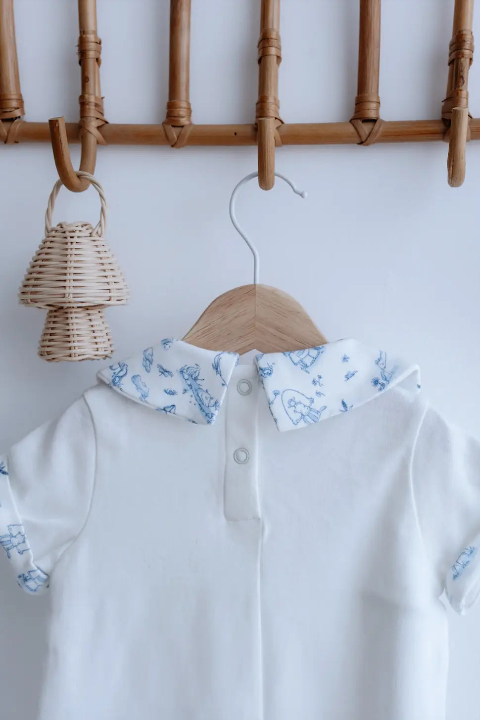 Toile de Jouy romper folded with matching accessories – ideal baby shower gift