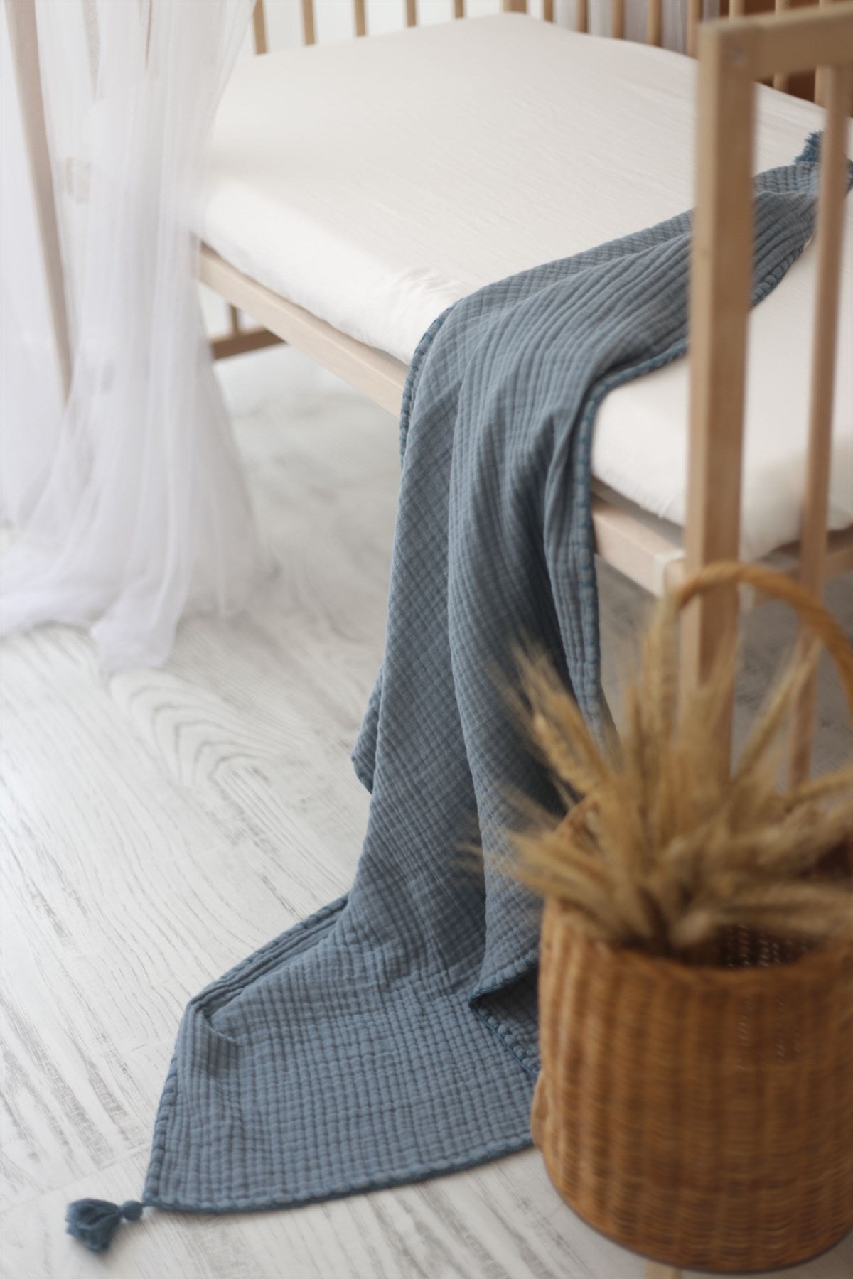 Hand-Embroidered Muslin Blanket - Indigo/Indigo