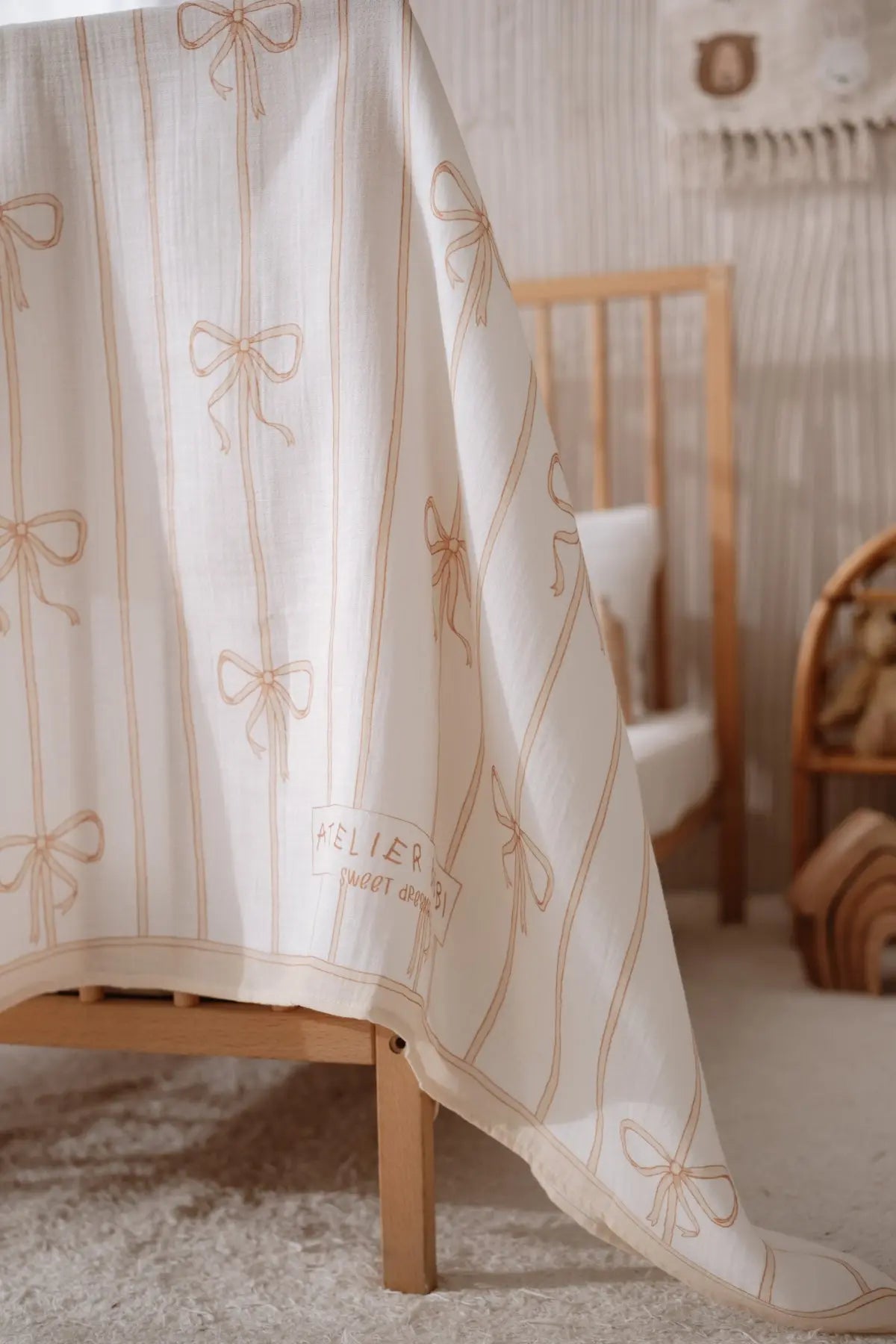 Double-Layer Muslin Baby Swaddle - Ribbon/Beige