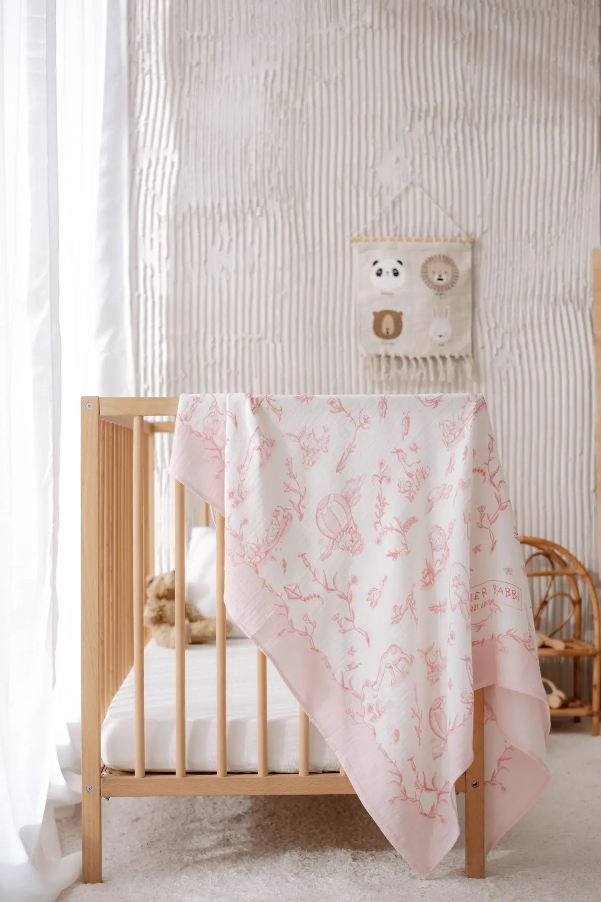 Soft 100% cotton pink muslin swaddle for babies – Toile de Jouy pattern