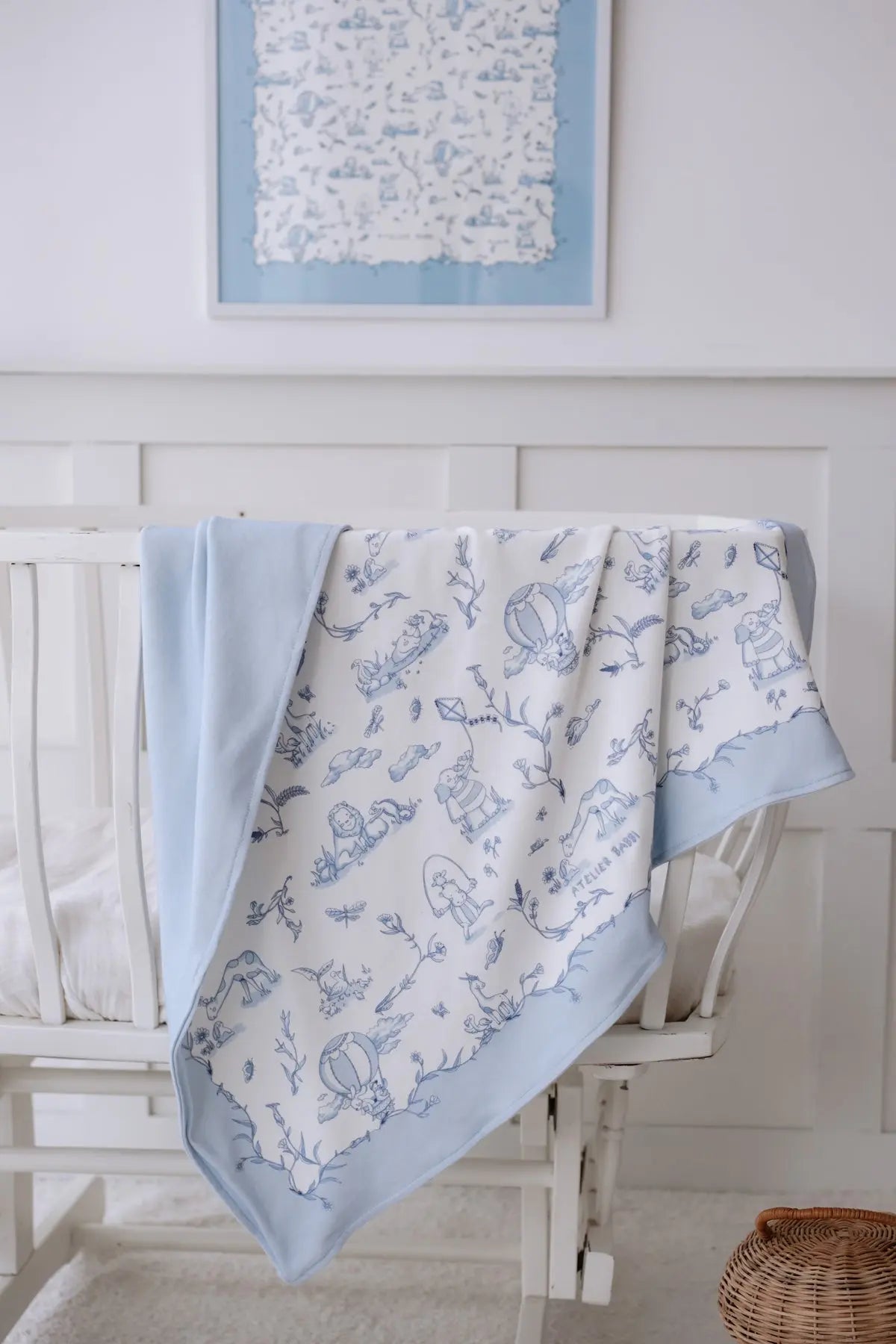 Double-Sided Baby Blanket - Toile De Jouy/Blue