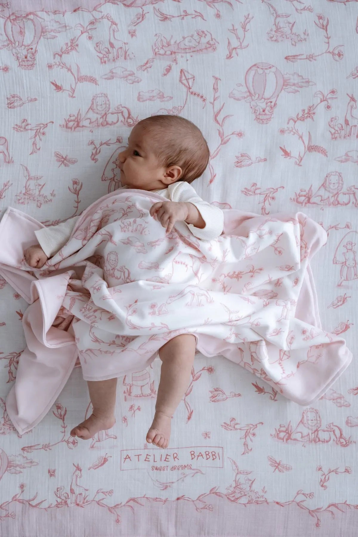 Double-Sided Baby Blanket - Toile De Jouy/Pink