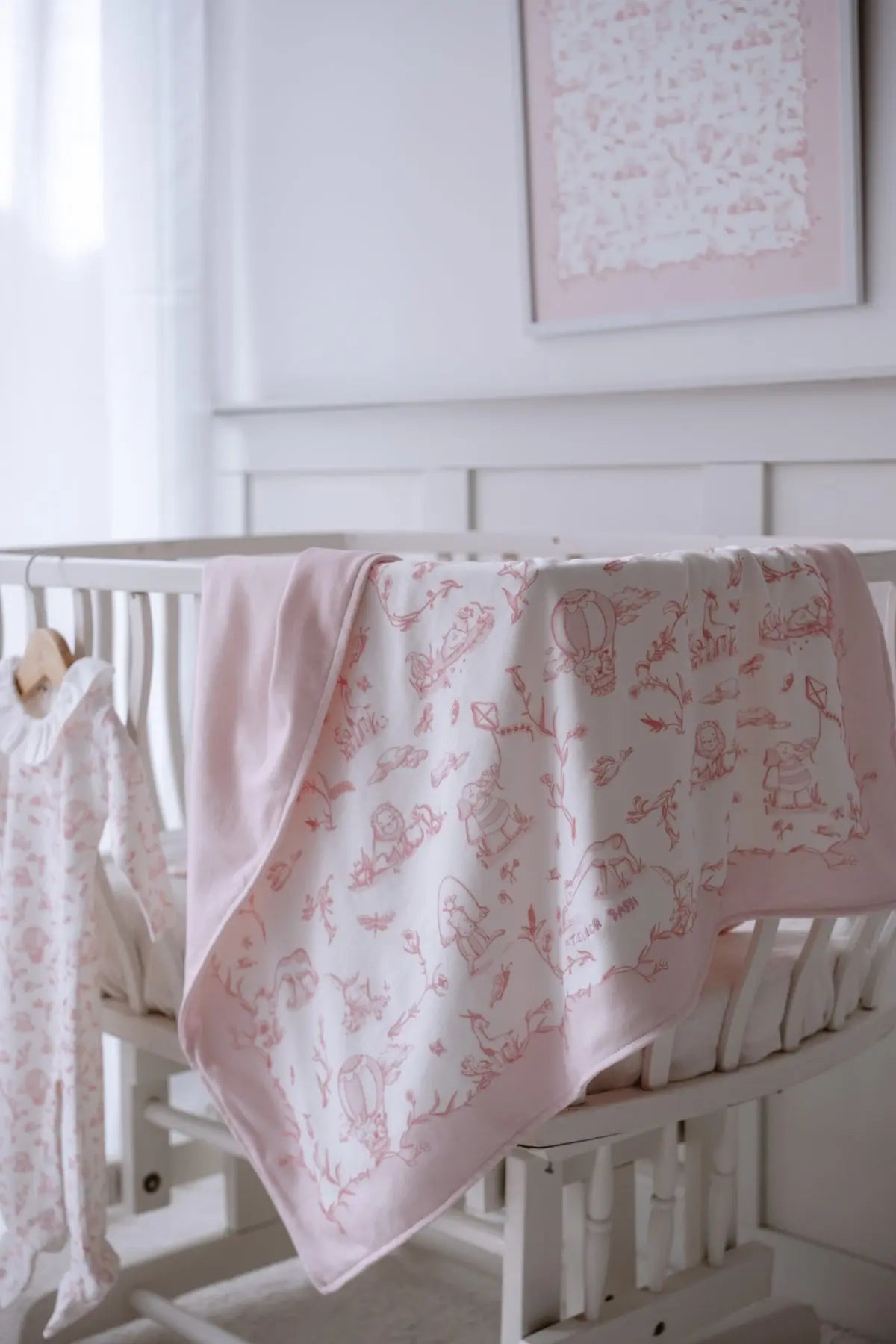 Double-Sided Baby Blanket - Toile De Jouy/Pink