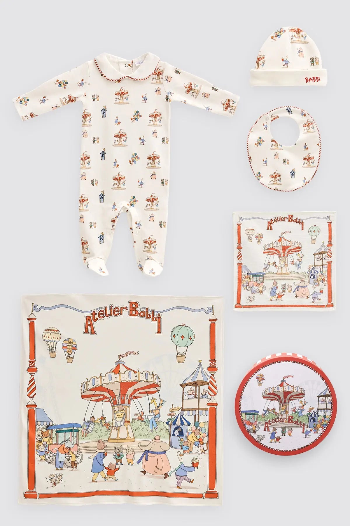 Baby clothing and accessories set with carousel design on a light gray background