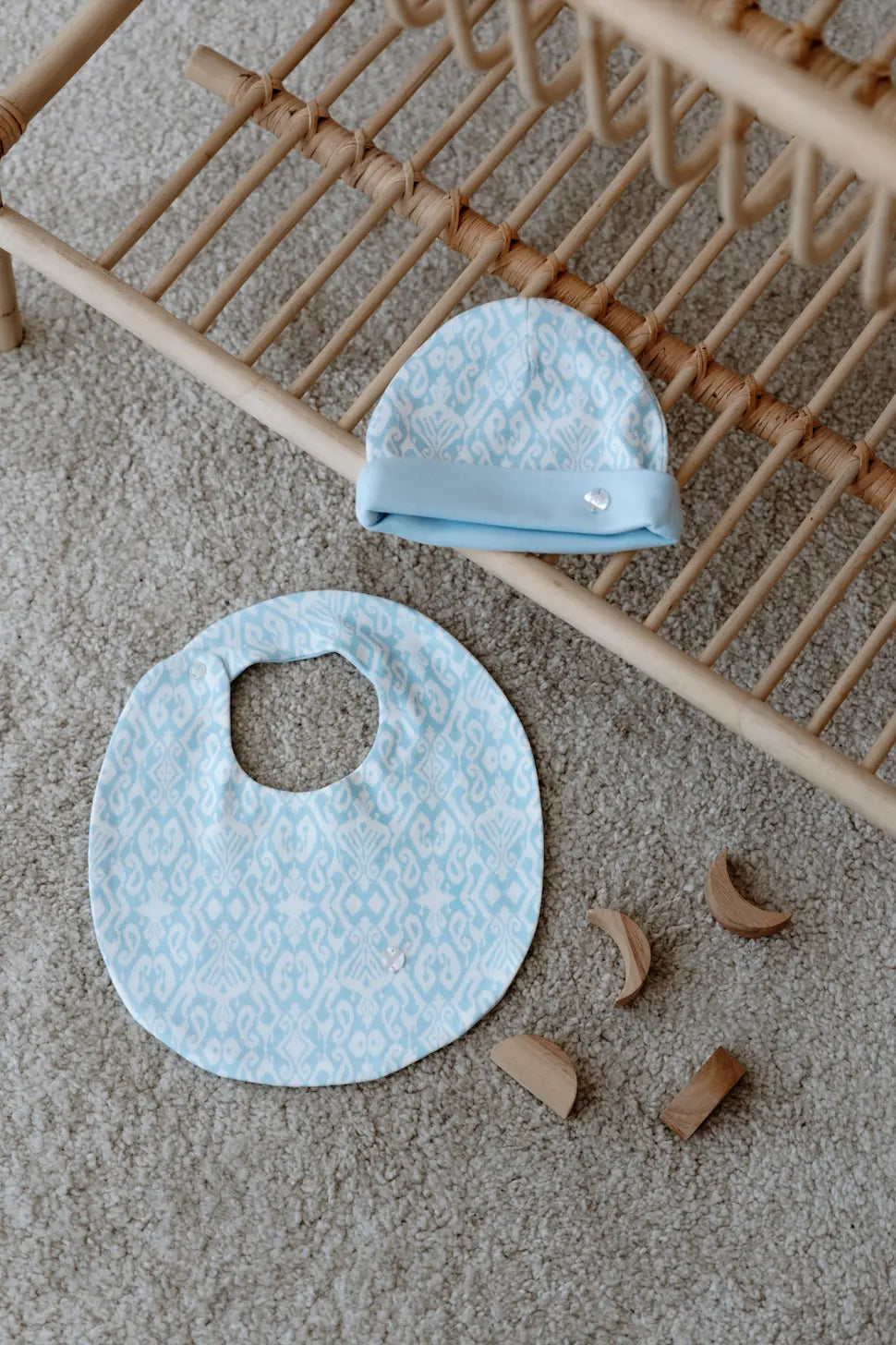 Baby boy bib and hat set in blue