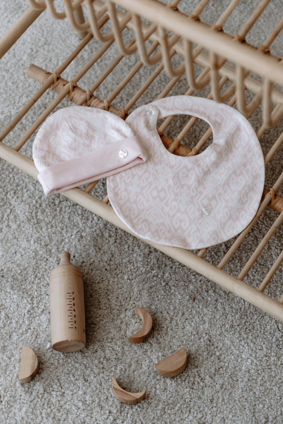 Pink cotton bib and hat set for newborn baby