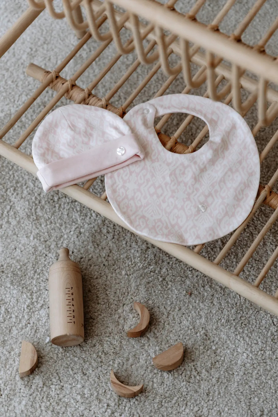Pink cotton bib and hat set for newborn baby