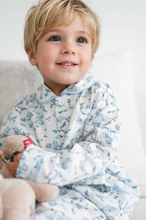 Elegant baby sleepwear set in vintage-inspired blue pattern