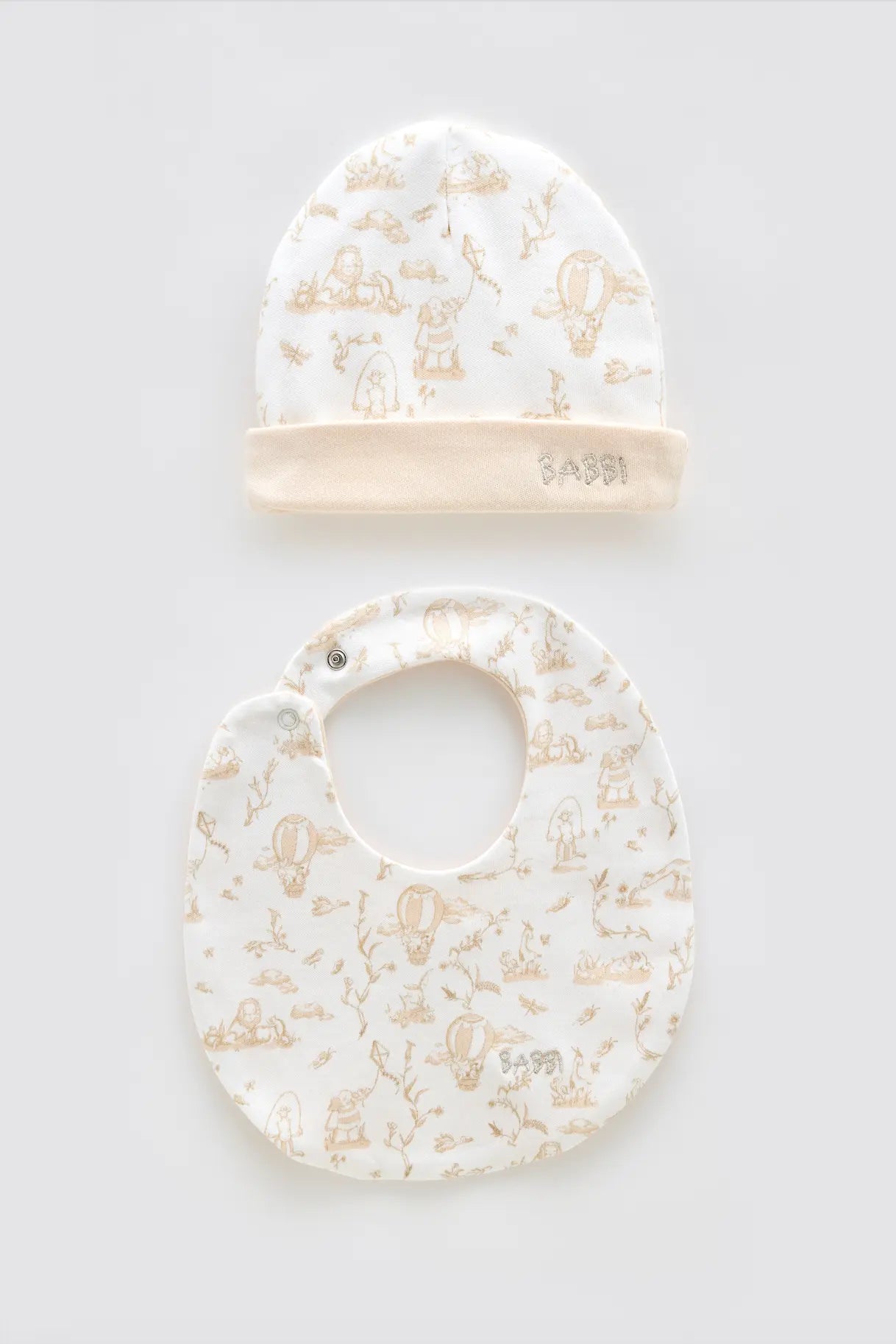 Newborn Bib & Hat Set - Toile De Jouy / Beige