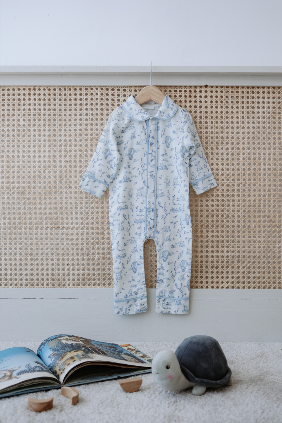 French toile blue print baby jumpsuit