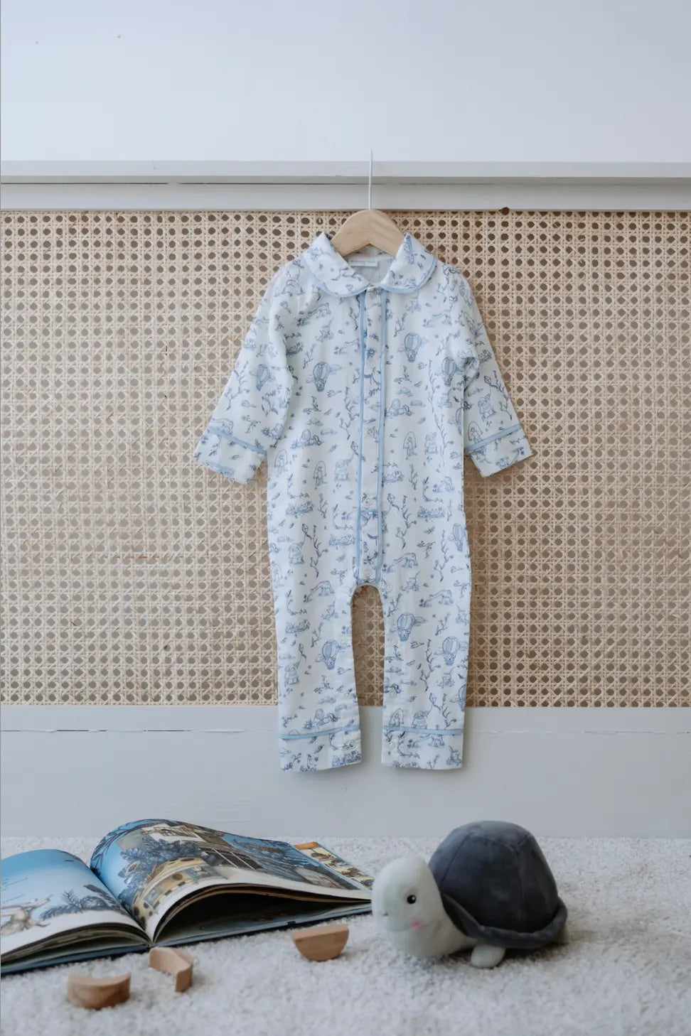 French toile blue print baby jumpsuit