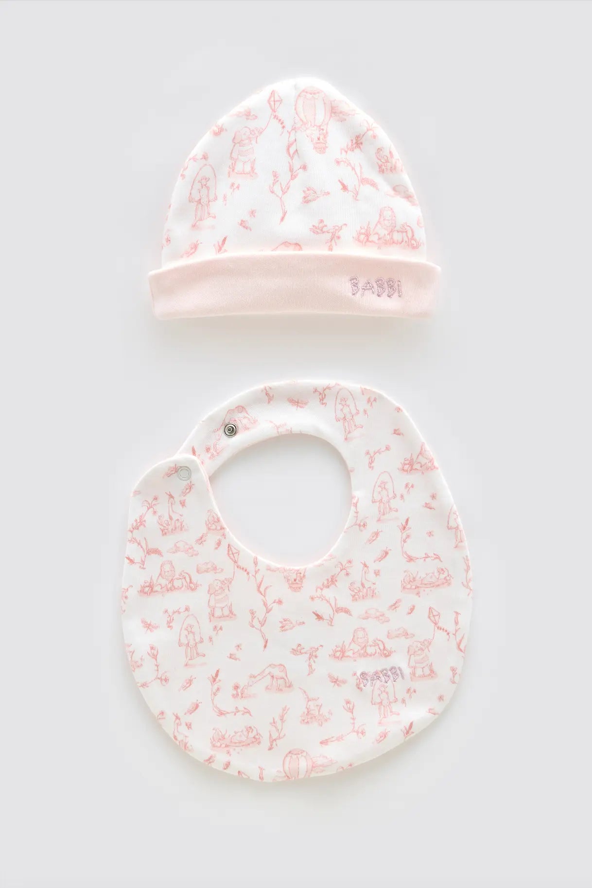 Newborn Bib & Hat Set - Toile De Jouy / Pink