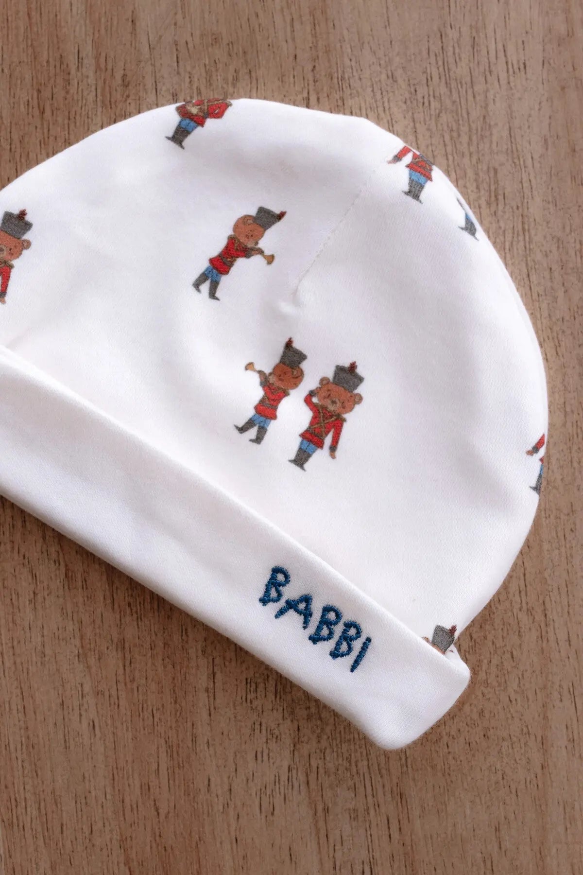 Newborn baby hat with Tin Soldier print by Atelier Babbi USA