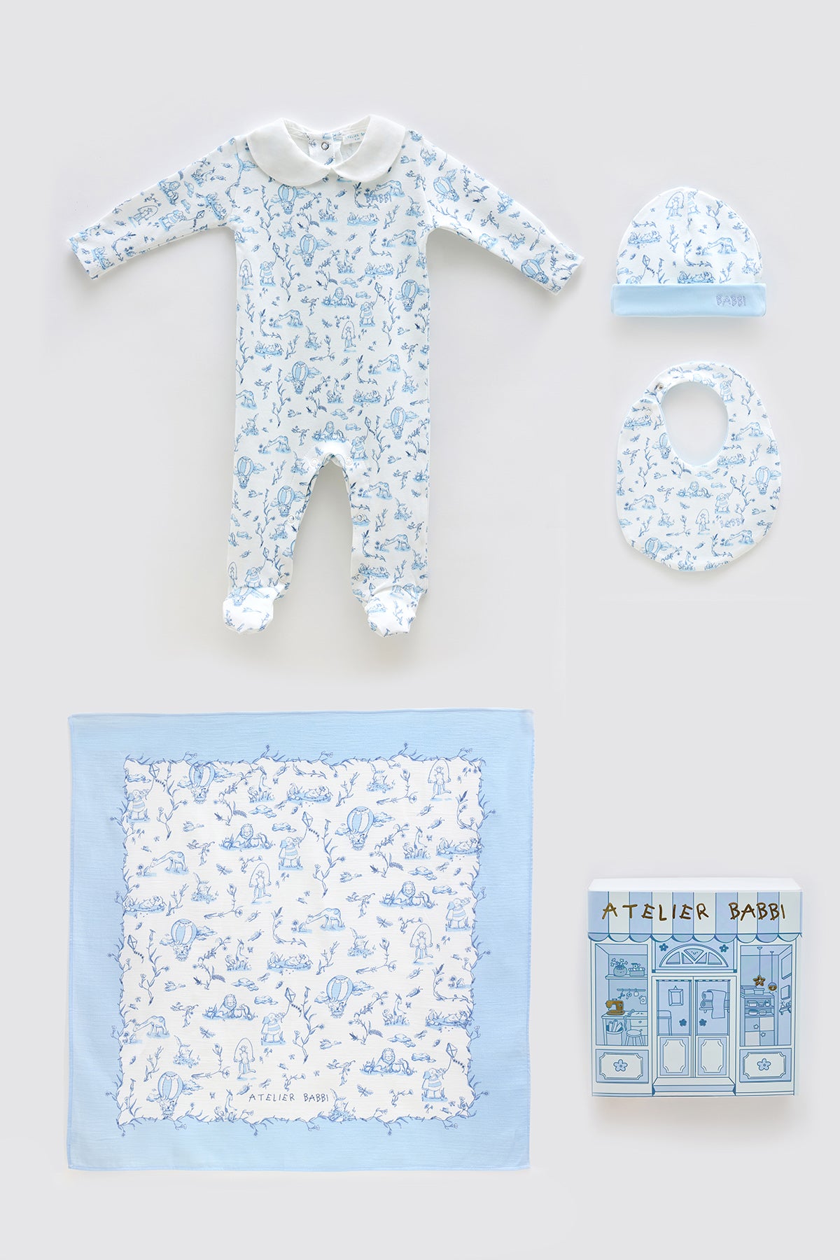 4-Piece Newborn Set - Toile de Jouy / Blue