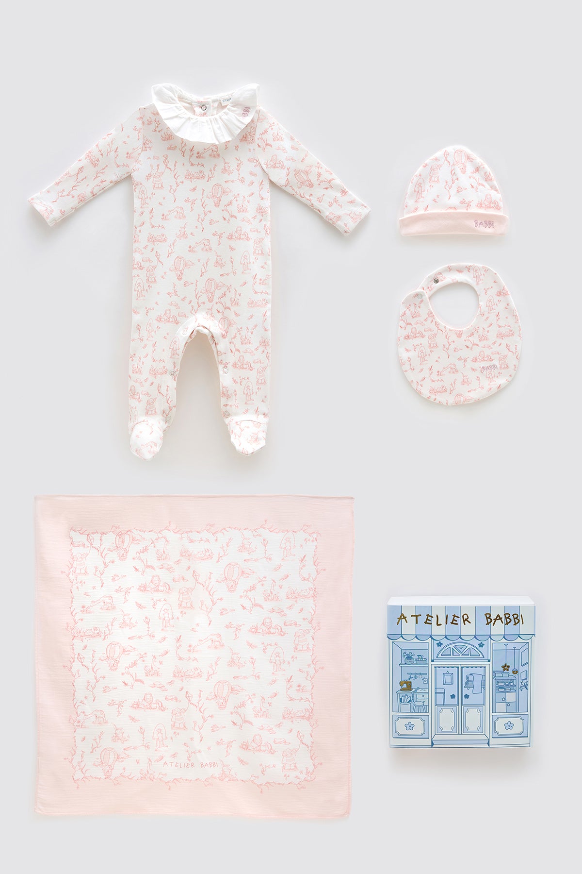 4-Piece Newborn Set - Toile de Jouy / Pink