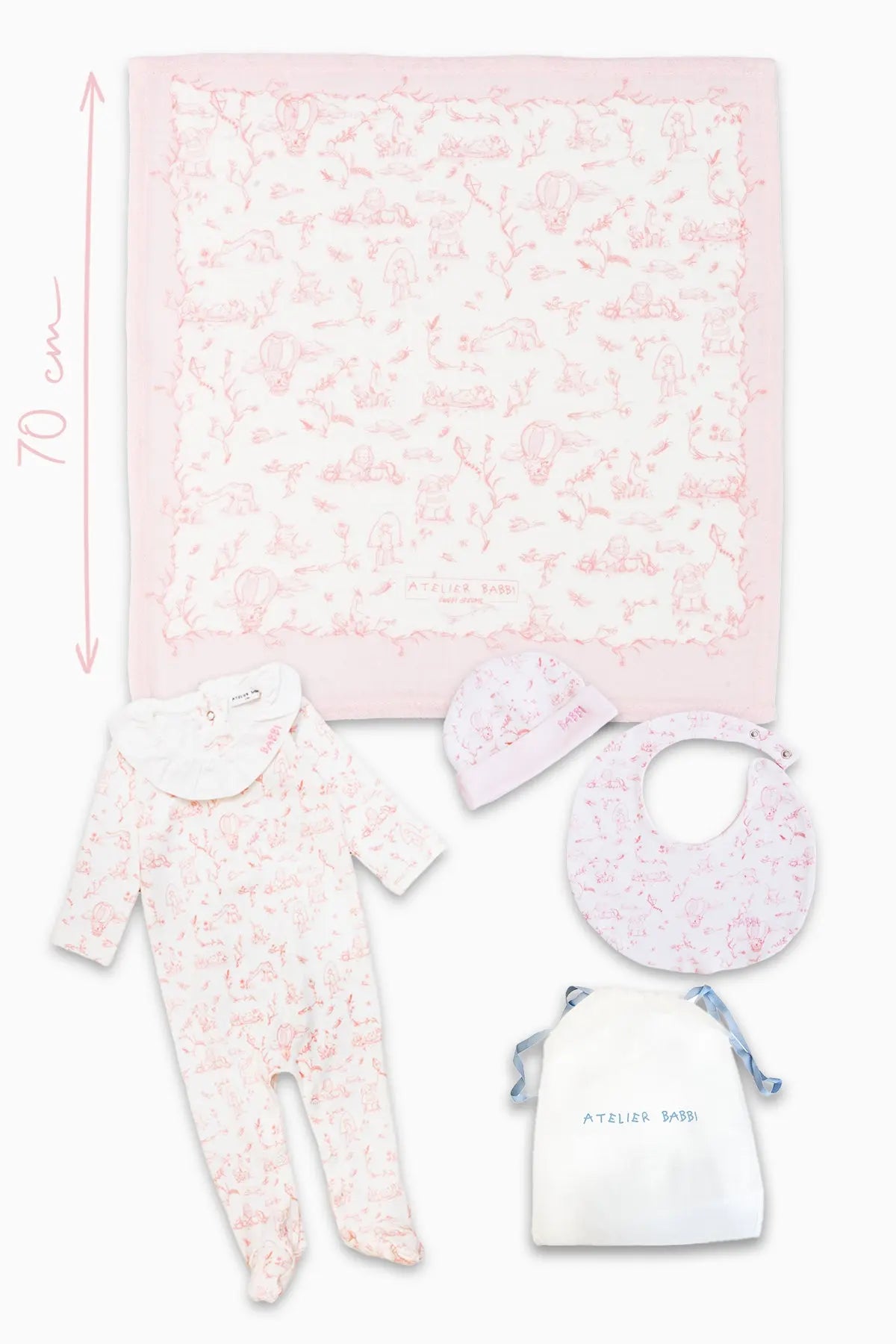 Toile de Jouy Bib & Hat Set in Pink
