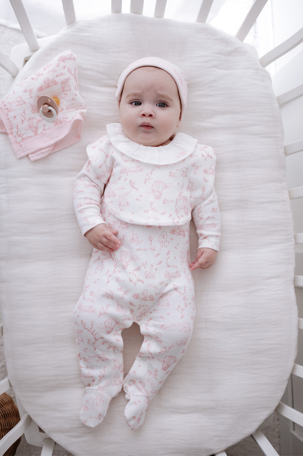 Baby Footed Onesie - Toile De Jouy/Pink