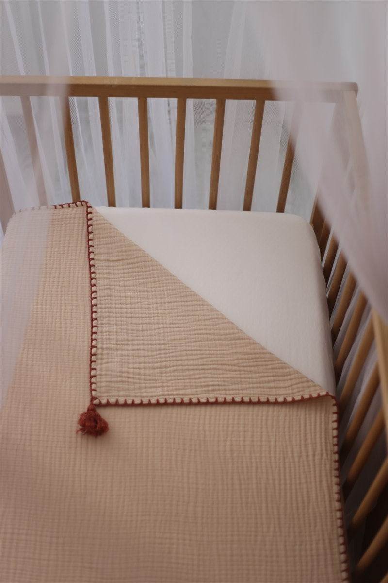 Hand-Embroidered Muslin Blanket - Beige/Brick