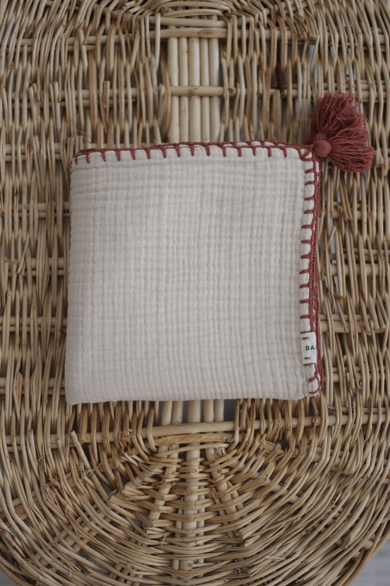 Hand-Embroidered Muslin Blanket - Beige/Brick