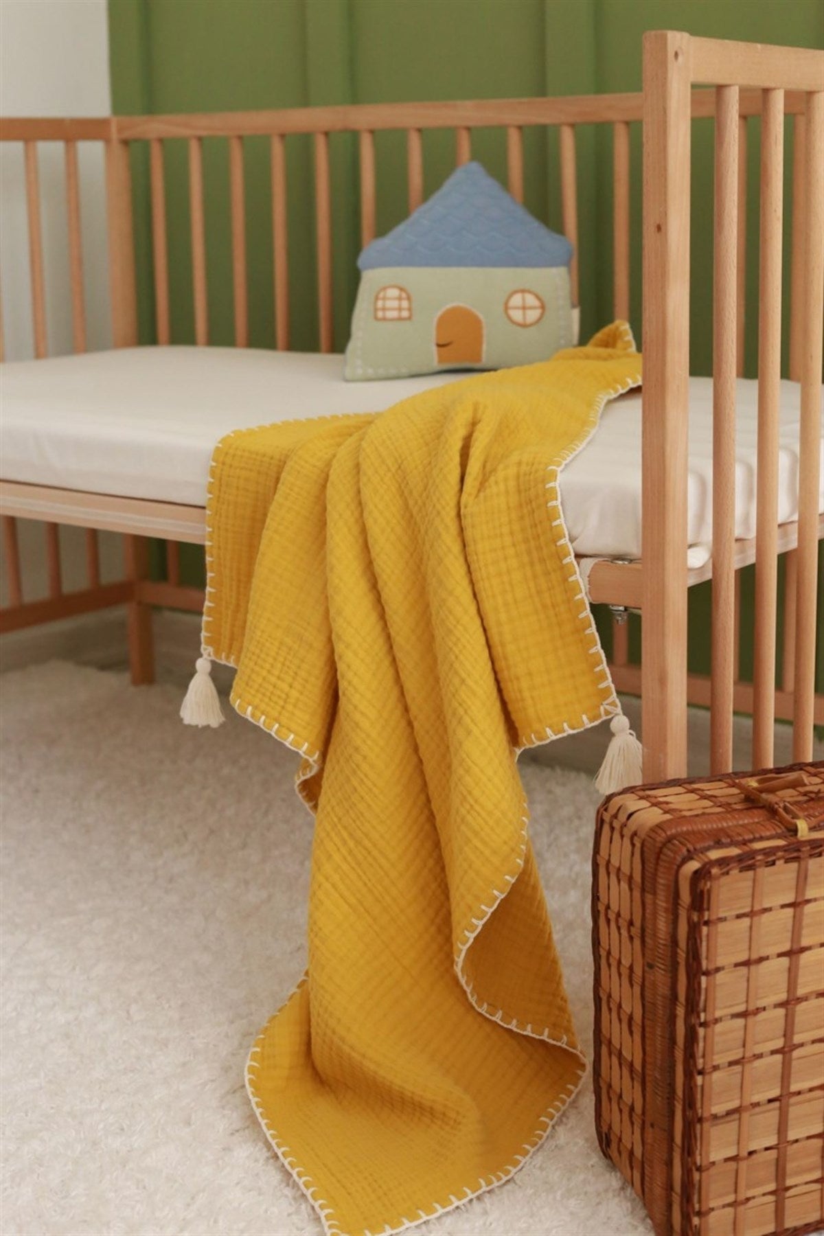 Hand-Embroidered Muslin Blanket - Mustard/Ecru