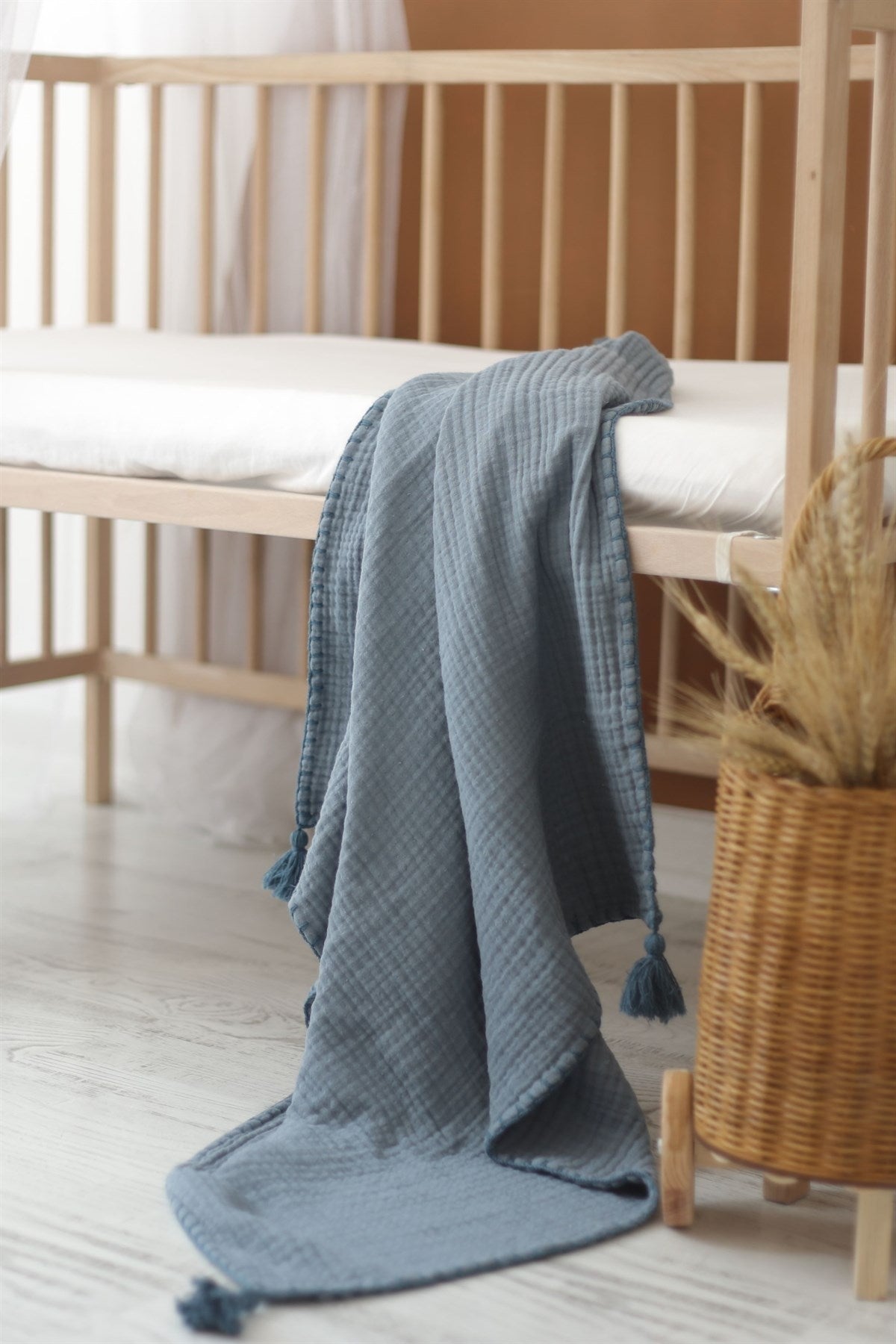 Hand-Embroidered Muslin Blanket - Indigo/Indigo