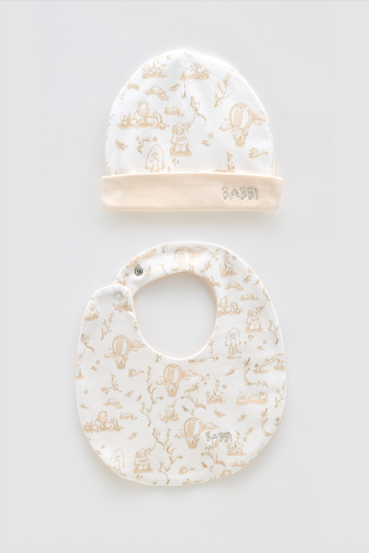 Newborn Bib & Hat Set - Toile De Jouy / Beige