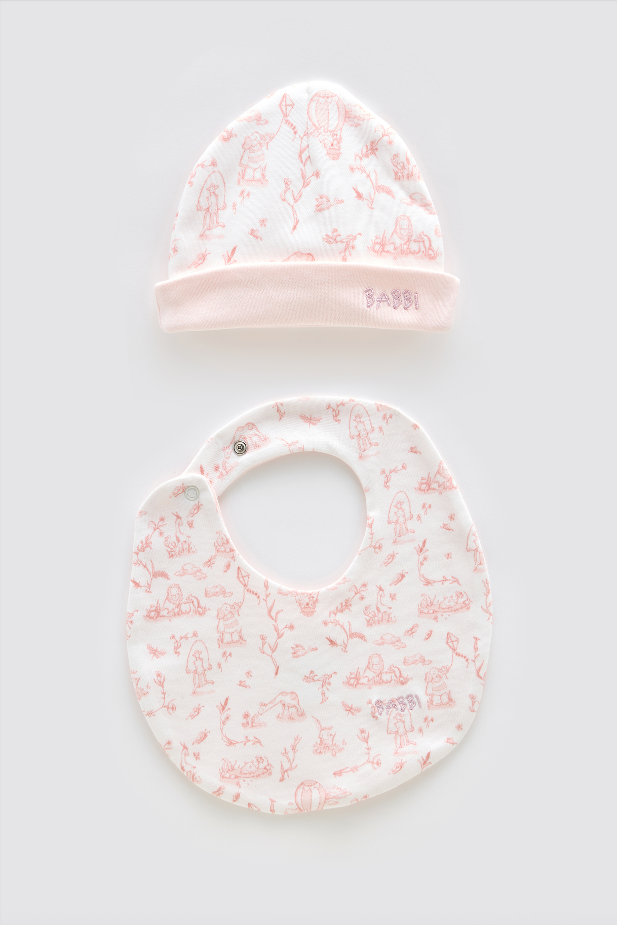 Newborn Bib & Hat Set - Toile De Jouy / Pink