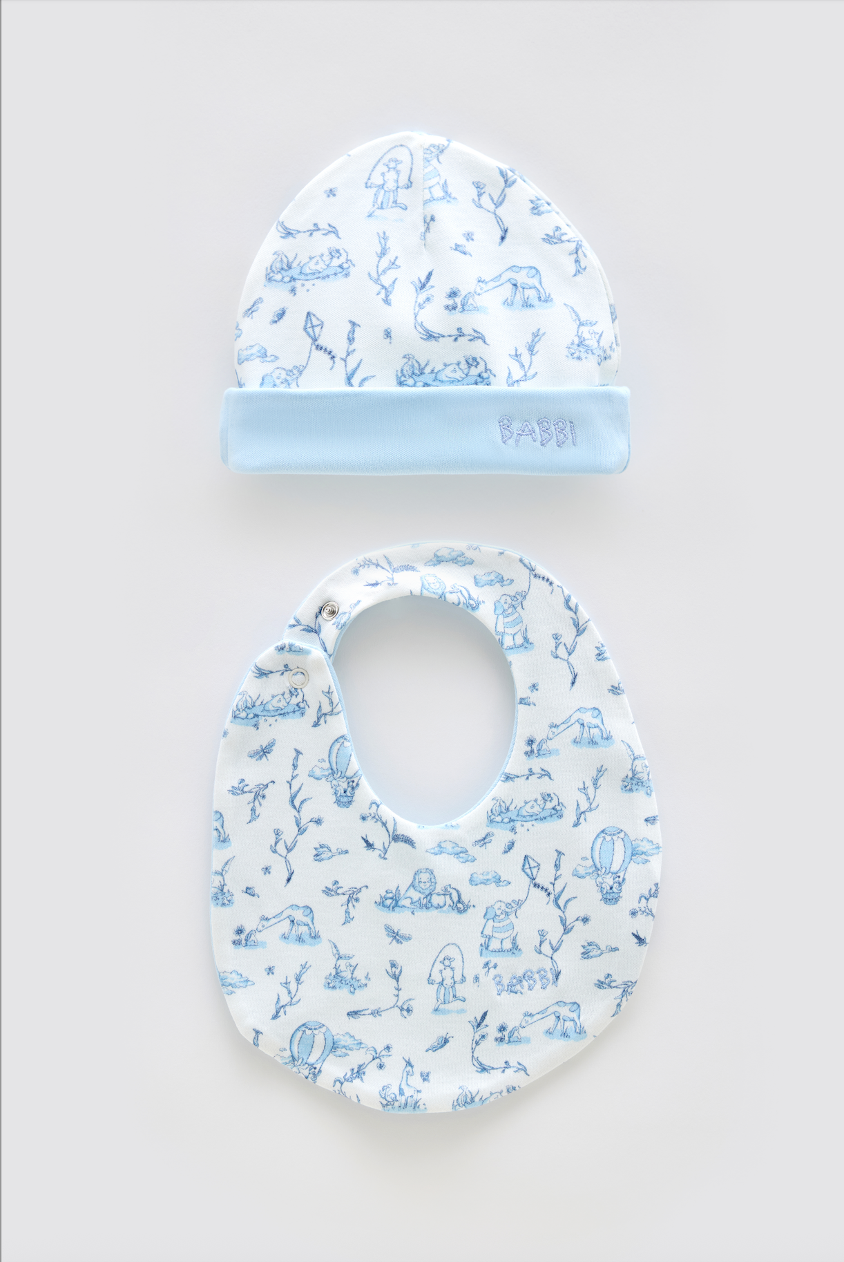 Newborn Bib & Hat Set - Toile De Jouy / Blue