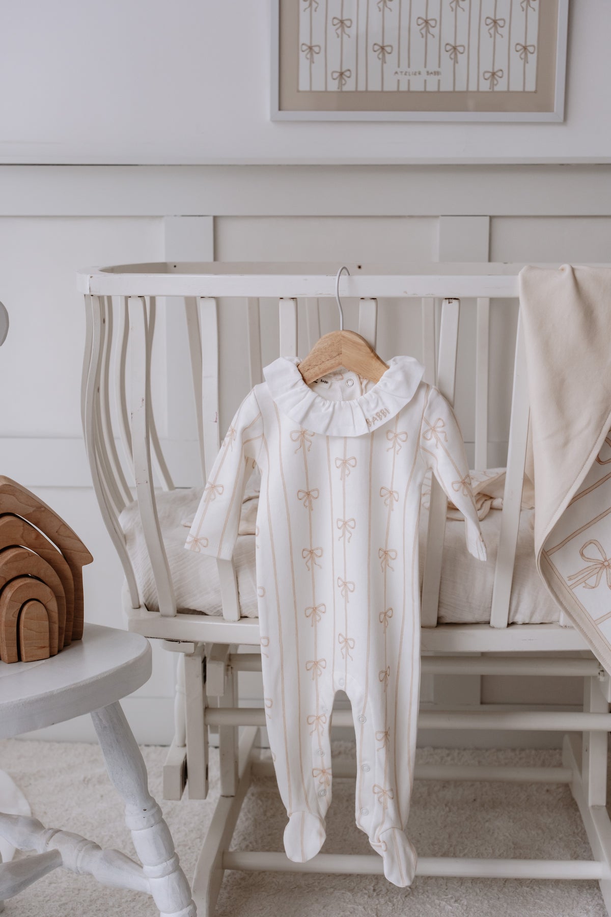 Baby Footed Onesie - Ribbon/Beige