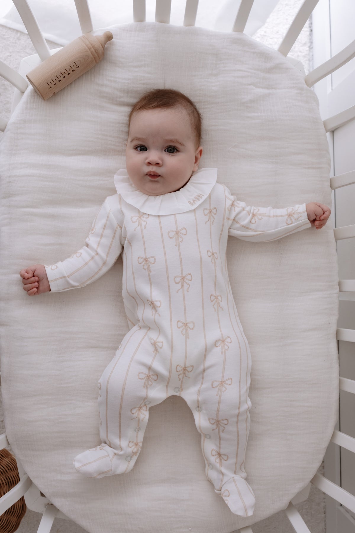 Baby Footed Onesie - Ribbon/Beige