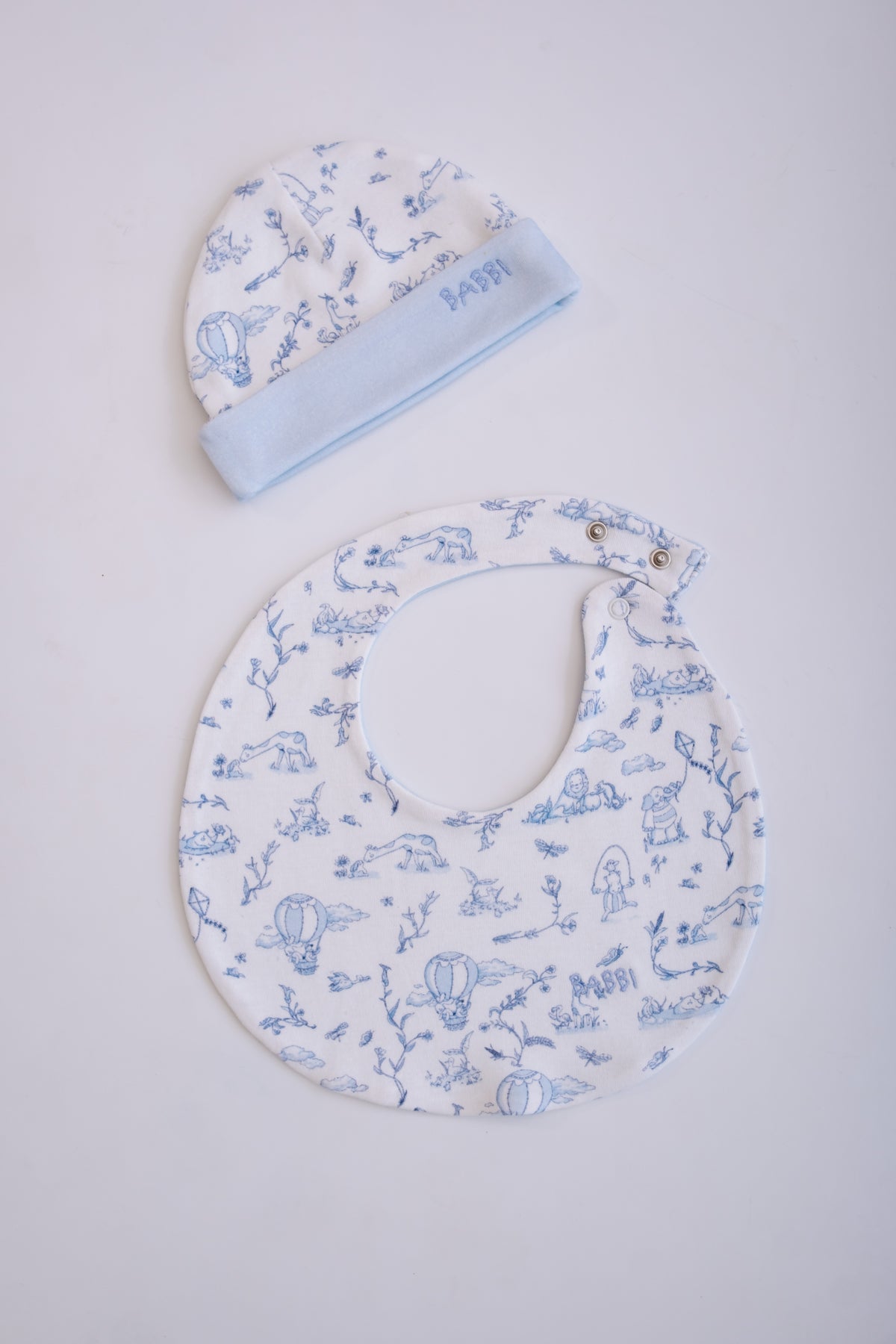 Newborn Bib & Hat Set - Toile De Jouy / Blue